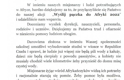 Ksero listu, który szkoła otrzymała z Fundacji Kapucyni i Misje