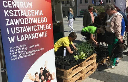 Zdjęcie wykonano na bocheńskim Rynku. Uczniowie CKZiU w Łapanowie rozdają sadzonki nowalijek podczas IV Powiatowego EKOPikniku. 