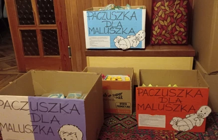 Zdjęcie przedstawia paczki z produktami dla dzieci zgromadzonymi w ramach ubiegłorocznej akcji „Paczuszka dla maluszka” przeprowadzonej w CKZiU w Łapanowie.