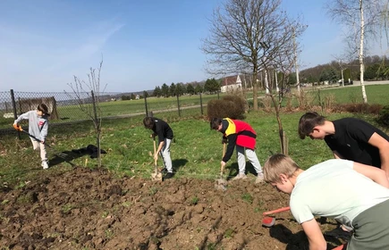 Na zdjęciu młodzież CKZiU w Łapanowie zakładająca łąki kwiatowe w szkolnym ogrodzie.