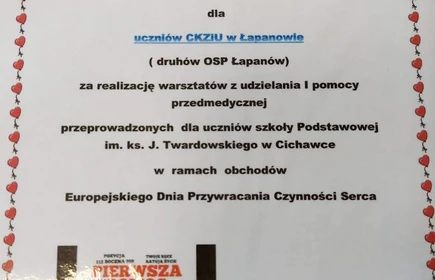 Dyplom - podziękowanie za przeprowadzenie warsztatów.