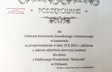 Dyplom - podziękowanie za przeprowadzenie warsztatów.