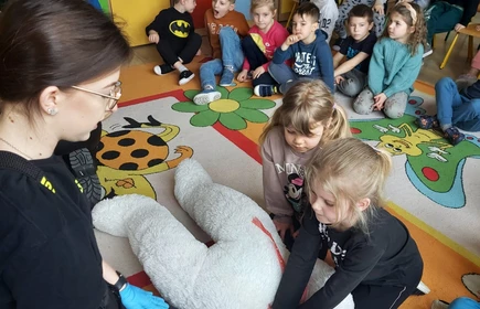 Na zdjęciu uczennica Justyna Kącka  wraz z przedszkolakami prezentują jak udzielać pierwszej pomocy przedmedycznej. Zdjęcie wykonane w Publicznym Przedszkolu w Łapanowie. Zdjęcie wykonane w Publicznym Przedszkolu w Łapanowie.