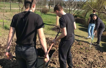 Na zdjęciu uczniowie kierunku technik rolnik wykonują prace polowe - przygotowanie poletek demonstracyjnych.