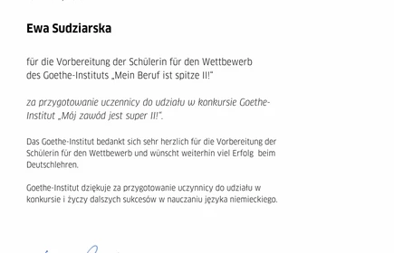 Dyplom dla pani Ewy Sudziarskiej, nauczycielki języka niemieckiego i opiekuna konkursu.