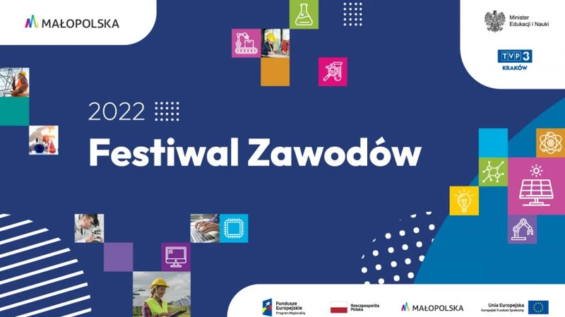 Plakat reklamujący festiwal zawodów zawierający loga: Małopolski, MEiN, UE, TVP3 Kraków