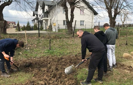 Na zdjęciu uczniowie kierunku technik rolnik wykonują prace polowe - przygotowanie poletek demonstracyjnych.