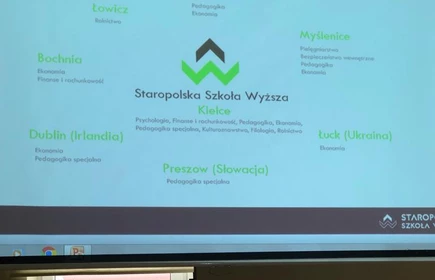 Na zdjęciu jeden slajd z prezentacji promującej Staropolską Szkołę Wyższą w Kielcach z filią w Myślenicach i filią w Bochni. Zdjęcie wykonane w budynku "B" CKZiU w Łapanowie.